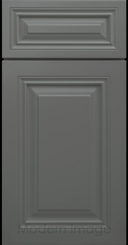 Gun metal color Cambridge cabinet door with a mitered frame and raised center panel.